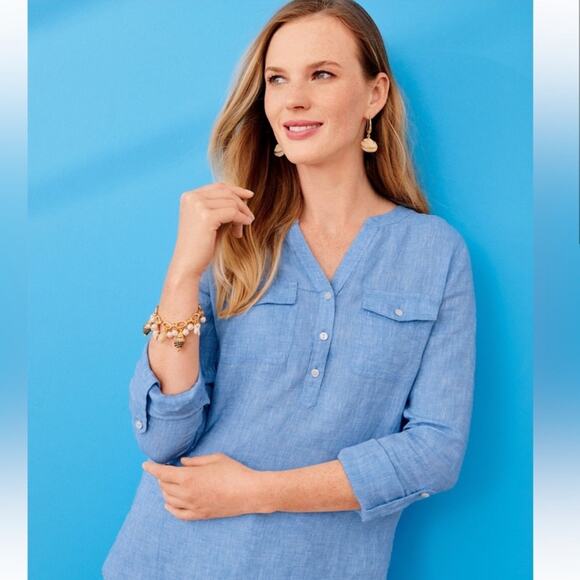 Talbots Light Blue LINEN Camp Blouse Size LARGE PETITE - Picture 1 of 10
